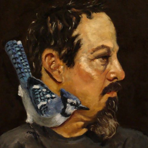 Salomes painting of a man with a blue jay on his shoulder